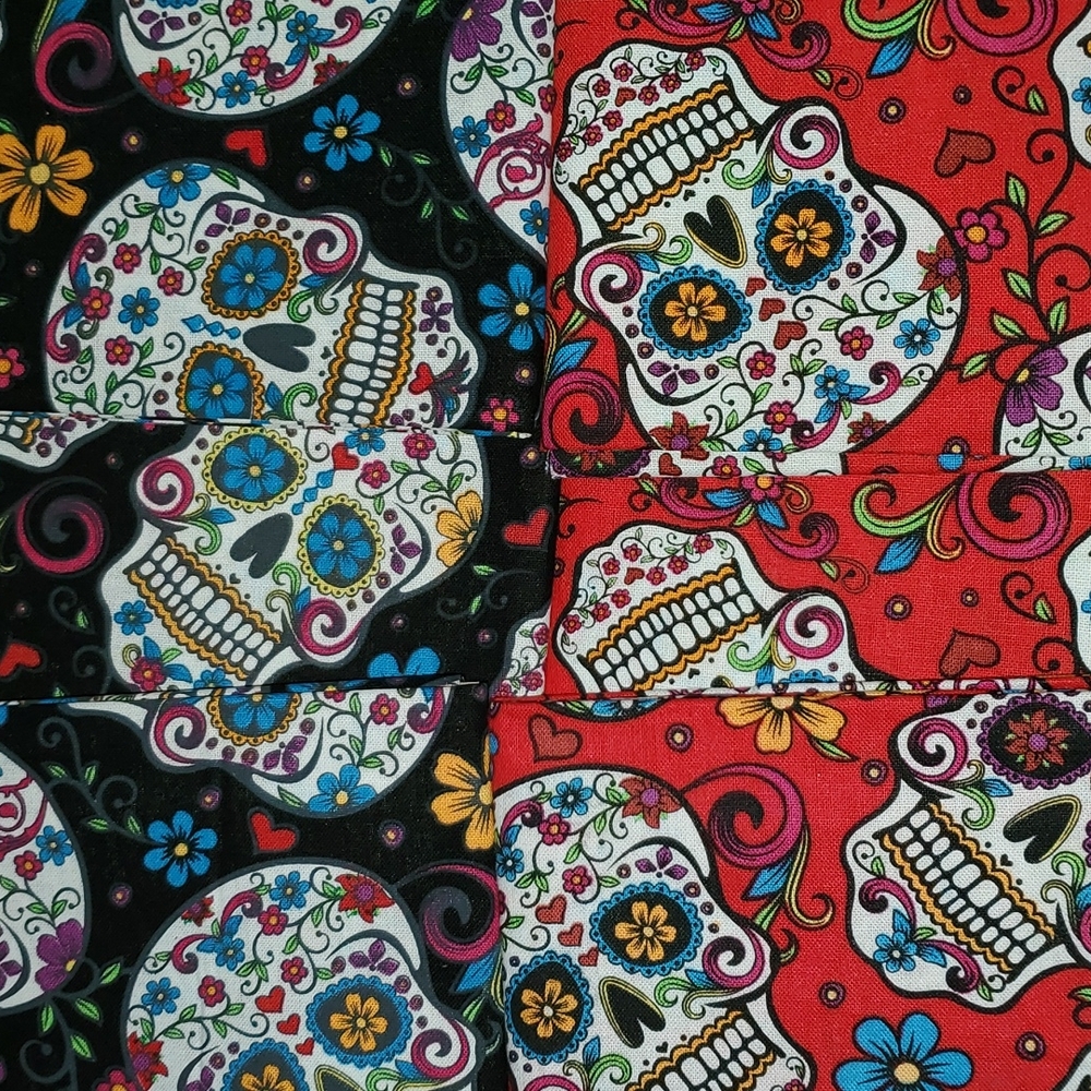 LOT OF 6 SUGAR SKULL FAT QUARTERS FABRIC BLACK and RED